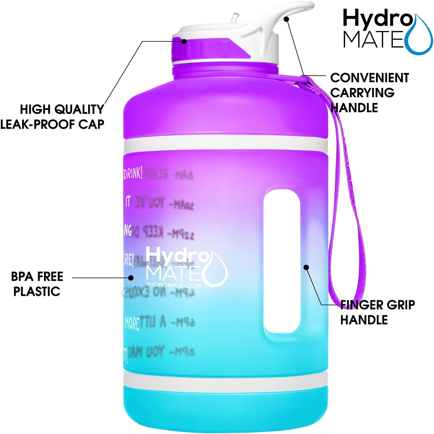 Half Gallon Water Bottle with Time Markers BPA Free Reusable Leak Proof Jug with Straw and Handle 64 Oz