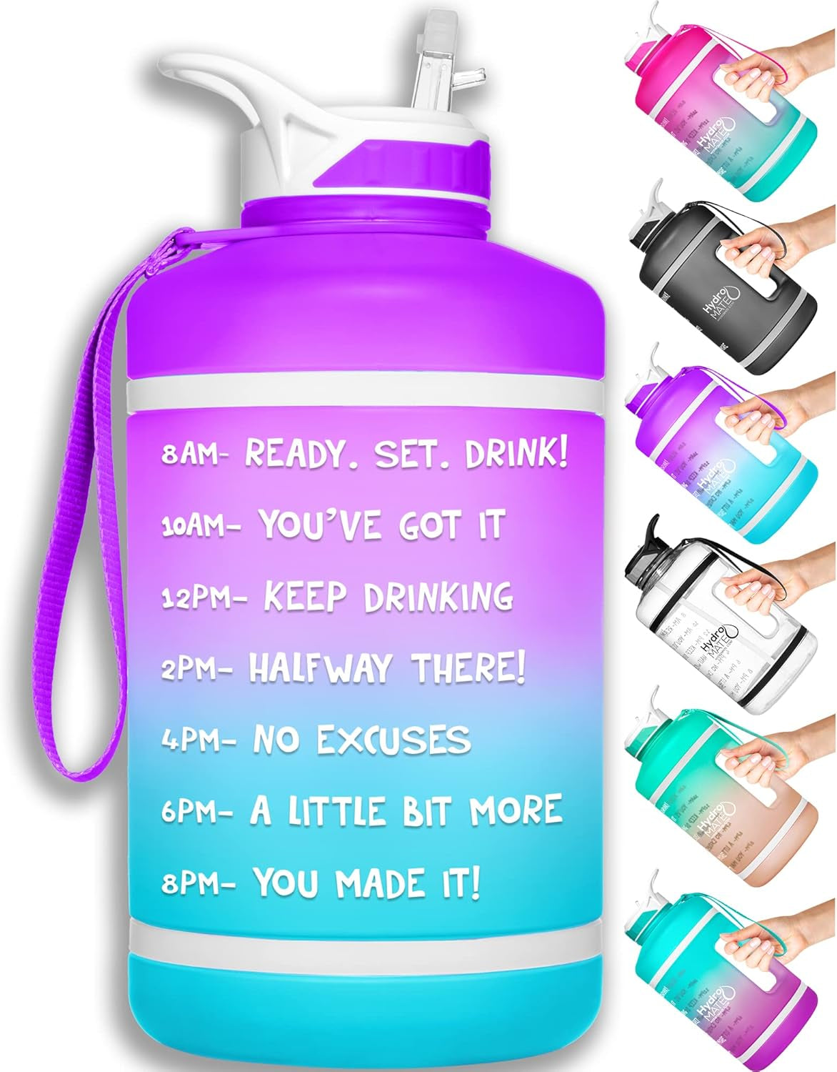 Half Gallon Water Bottle with Time Markers BPA Free Reusable Leak Proof Jug with Straw and Handle 64 Oz