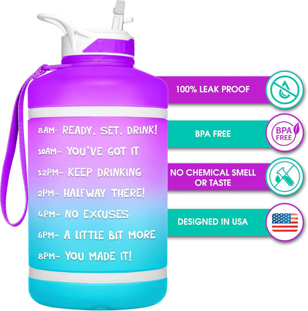 Half Gallon Water Bottle with Time Markers BPA Free Reusable Leak Proof Jug with Straw and Handle 64 Oz