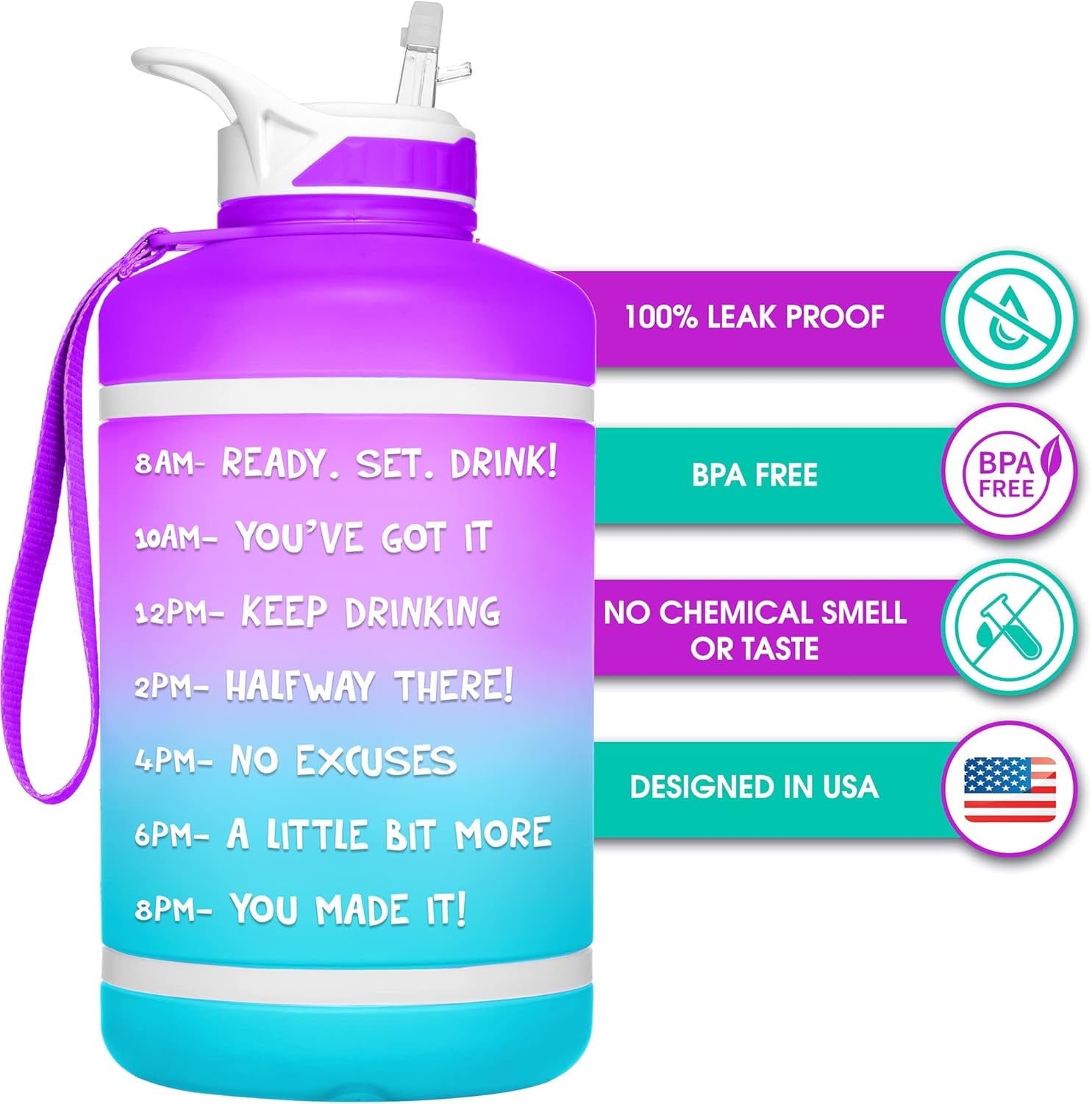 Half Gallon Water Bottle with Time Markers BPA Free Reusable Leak Proof Jug with Straw and Handle 64 Oz