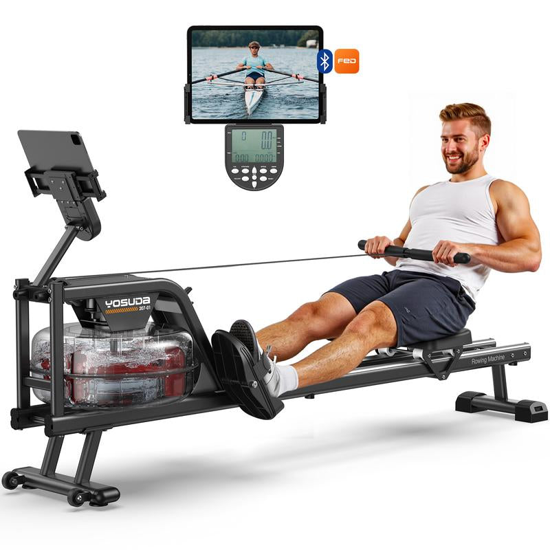 YOSUDA Water Rowing Machine for Home Use, Bluetooth App Compatible, Extra-Long Rail for Taller Athletes, Comfortable Seat