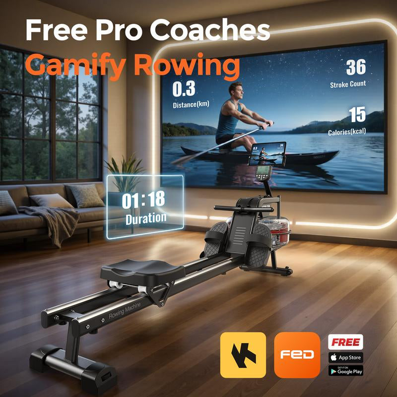 YOSUDA Water Rowing Machine for Home Use, Bluetooth App Compatible, Extra-Long Rail for Taller Athletes, Comfortable Seat