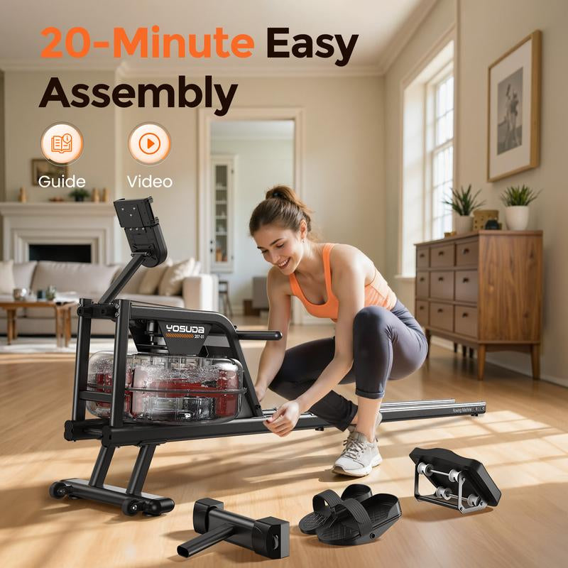 YOSUDA Water Rowing Machine for Home Use, Bluetooth App Compatible, Extra-Long Rail for Taller Athletes, Comfortable Seat